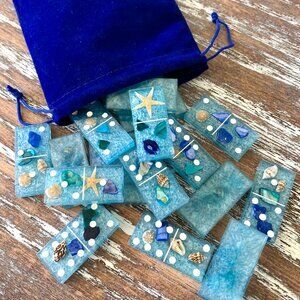 Starfish & Sea Shells Resin Dominoes Game with Velvet Bag 28 pieces Glitter Gift